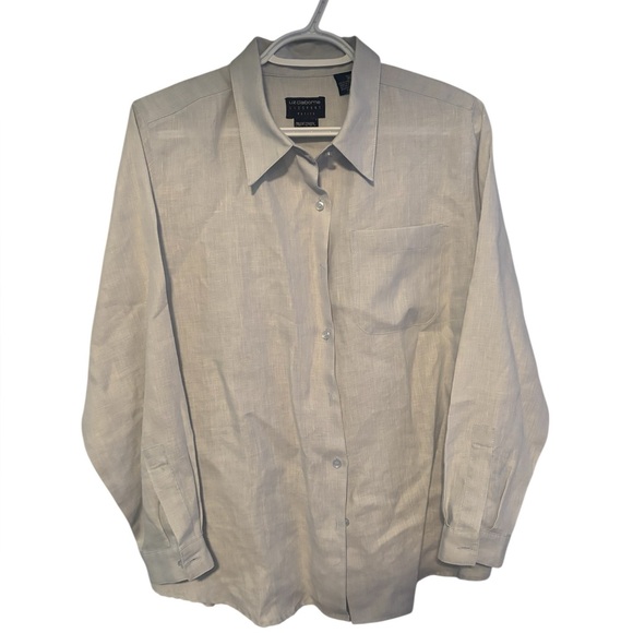 Liz Claiborne Liz Sport Medium 100% Linen Light Grey Button Down Shirt - Picture 2 of 6